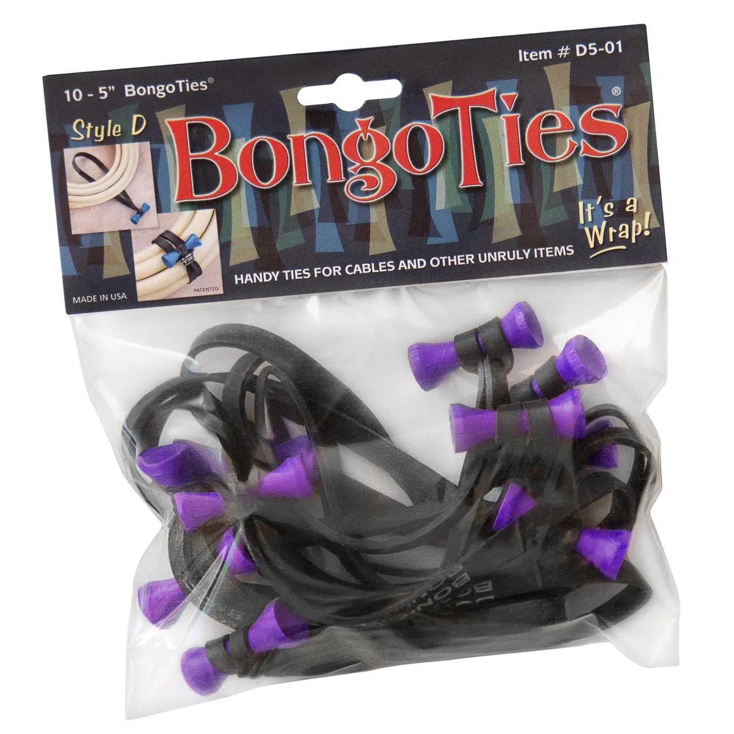 BongoTies PURPLE & BLACK "UBE" Bongo Ties - 10 Pack "Style-D" ~ Professional cable ties made of natural rubber and bamboo ~ HANDY TIES FOR CABLES AND OTHER UNRULY ITEMS